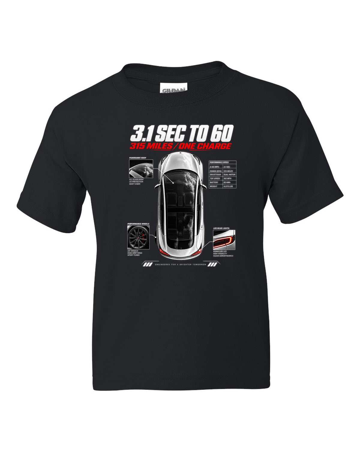 Top-down spec poster print of a Tesla Model 3 Performance with 0-60 and range figures black kids tee front view with the design