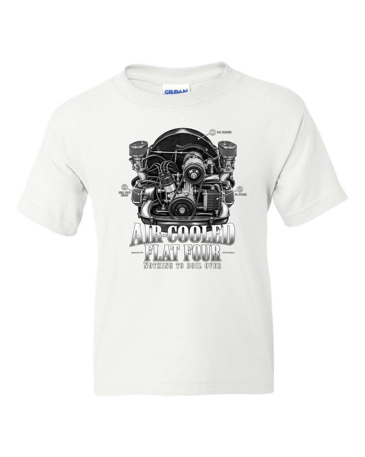 Engine bay callout print of a VW Beetle air-cooled 1600 dual-port flat-four white kids tee front view with the design