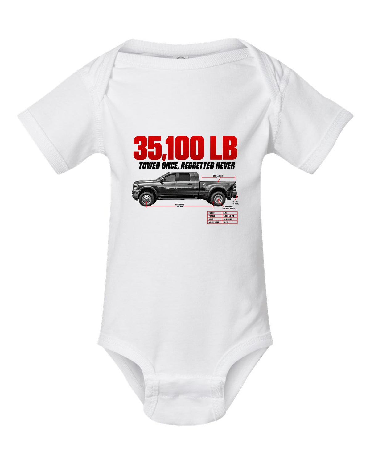 Ram 3500 5th Gen Side Profile Spec Poster Tee, 35,100 Lb white baby onesie front view with the design