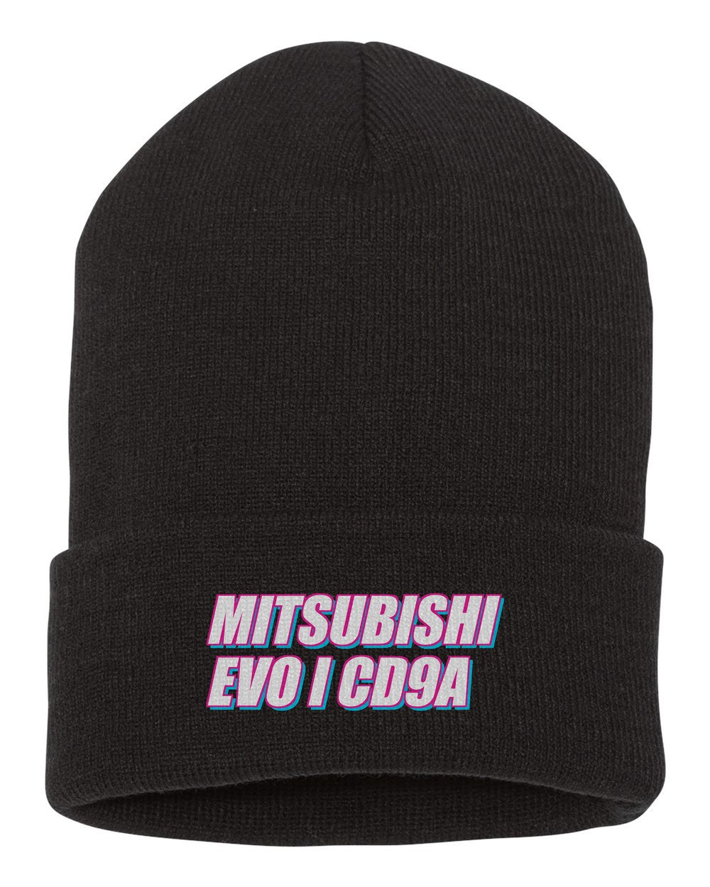 Mitsubishi Evo I Cd9A black beanie front view with car name