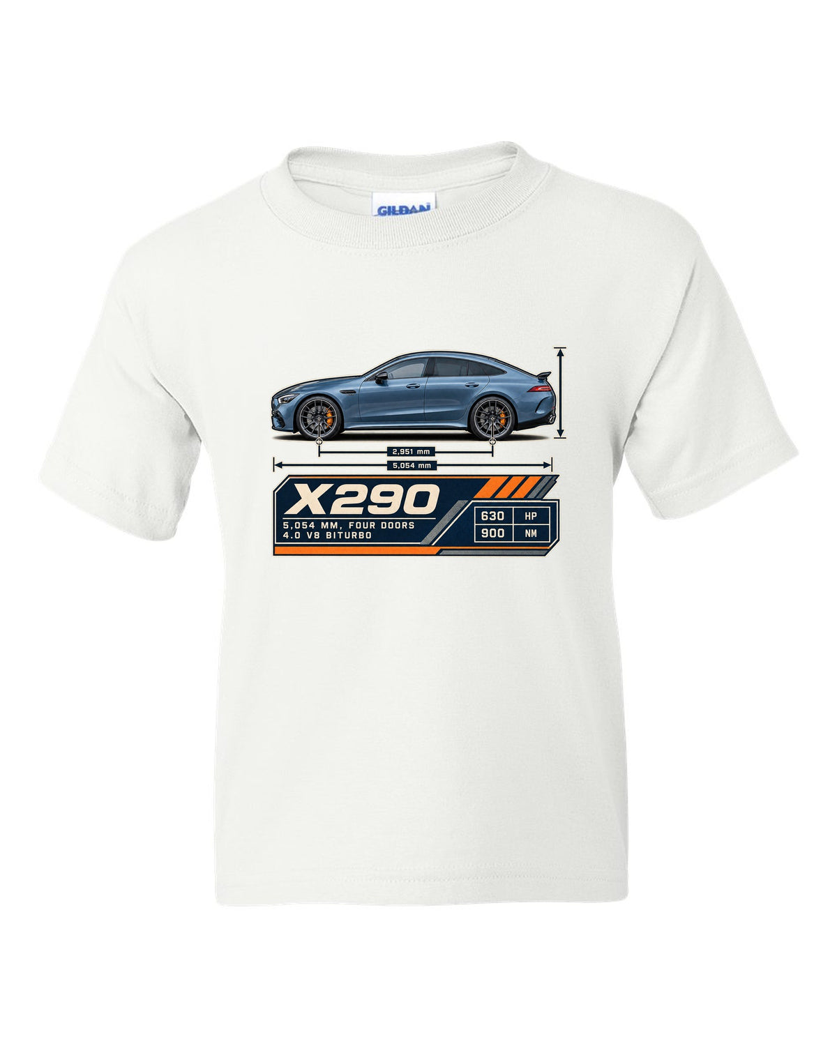 Mercedes-AMG GT 63 S 4-Door X290 steel blue blueprint print white kids tee front view with the design