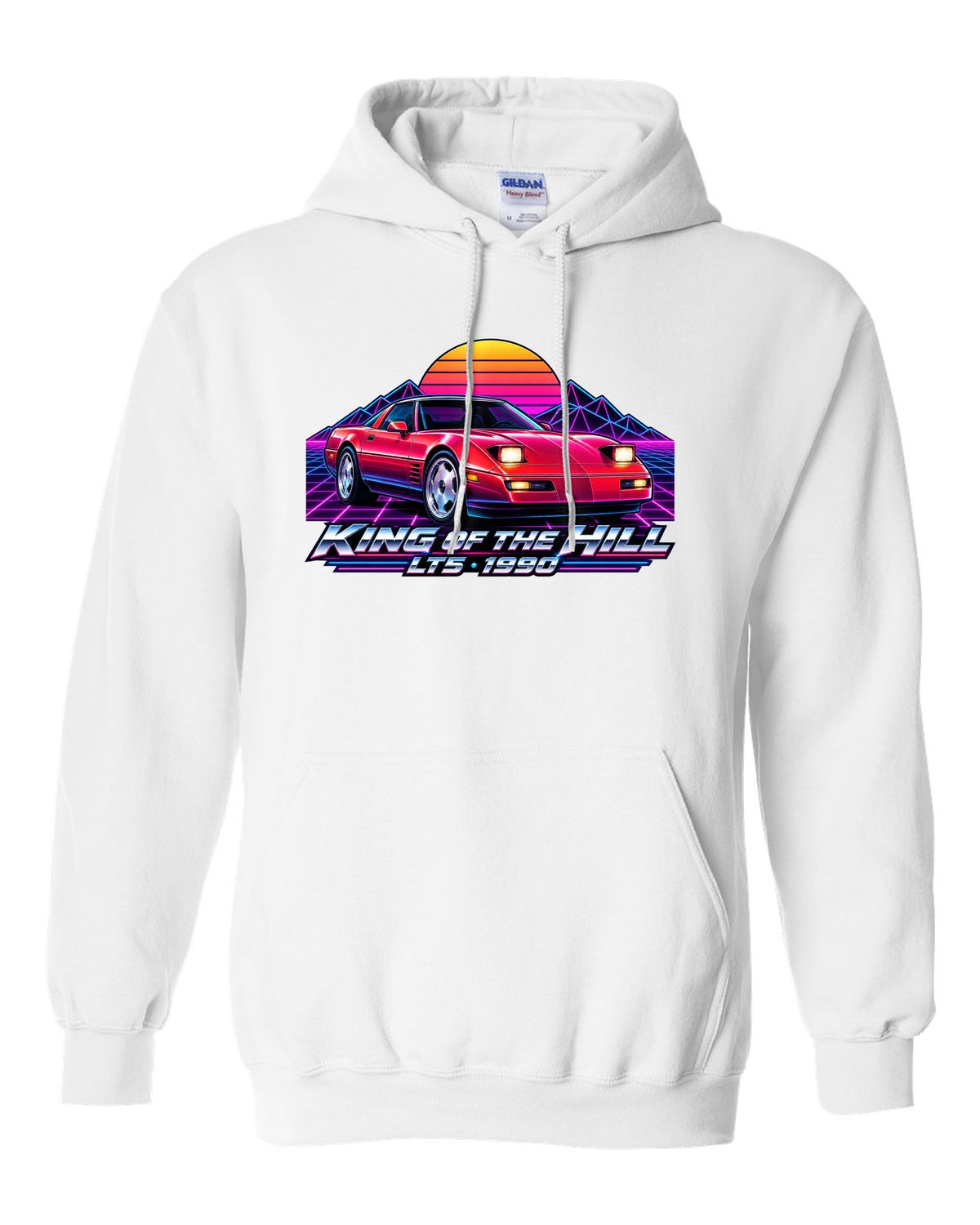 Synthwave neon horizon print of a 1990 Chevrolet Corvette C4 ZR-1 with King of the Hill LT5 lettering white pull over hoodie front view with the design