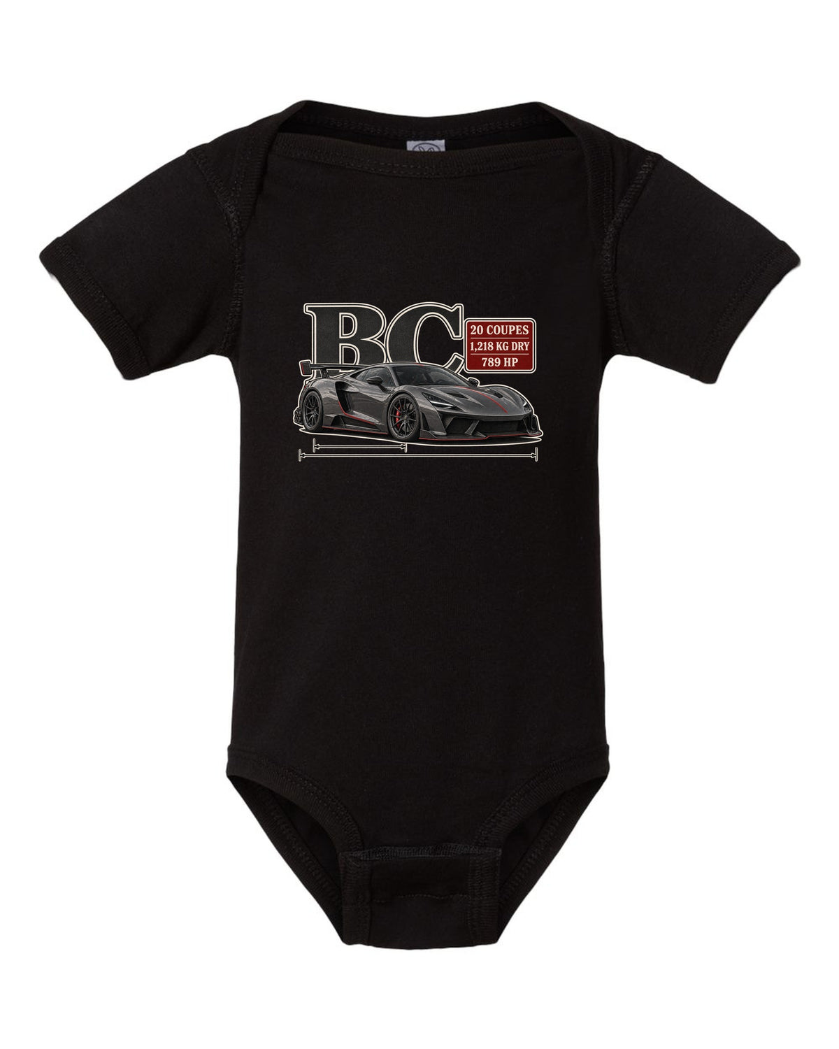 Archive panel print of the Pagani Huayra BC with the text BC, 20 coupes, 1,218 kg dry, 789 hp black baby onesie front view with the design
