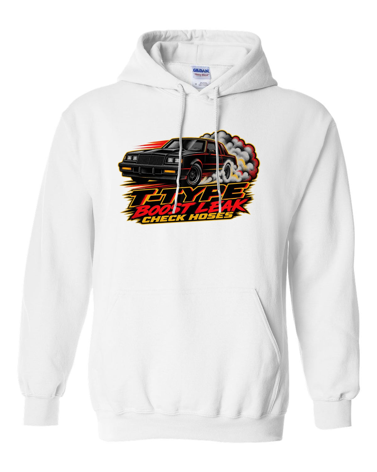 1986 Buick Regal T-Type G-body burnout in halftone screenprint style white pull over hoodie front view with the design