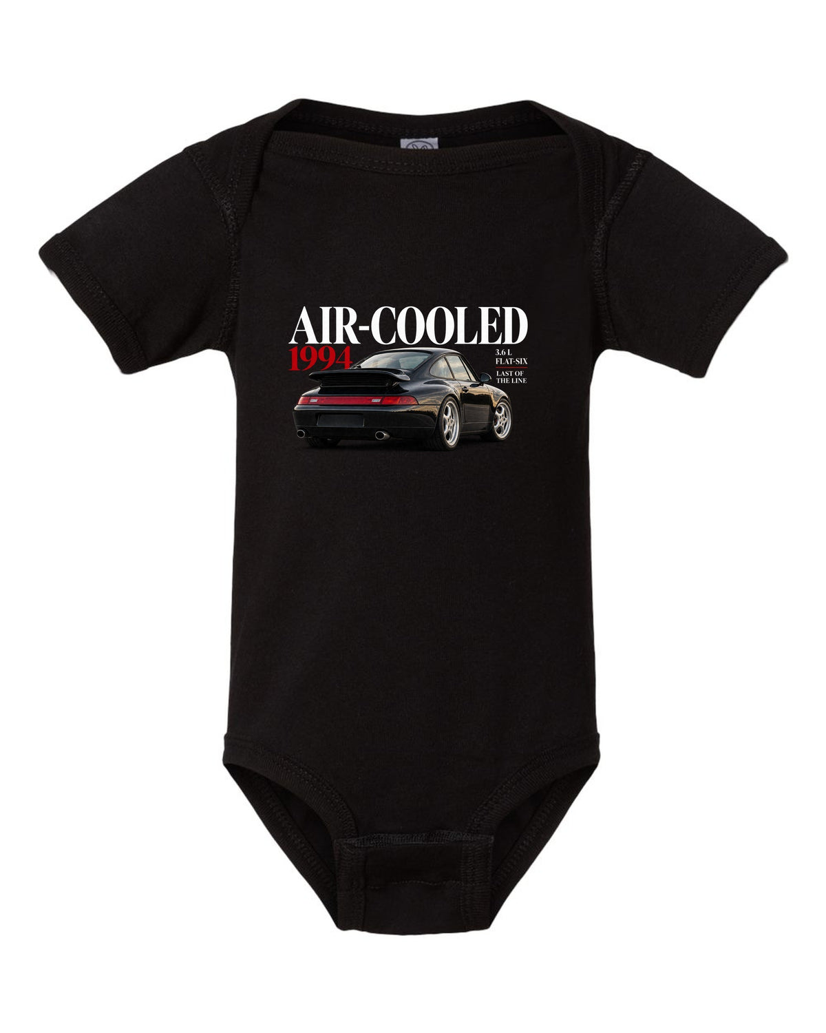Editorial print of a Porsche 911 993 Carrera coupe with Air-Cooled 1994 3.6 L flat-six lettering black baby onesie front view with the design