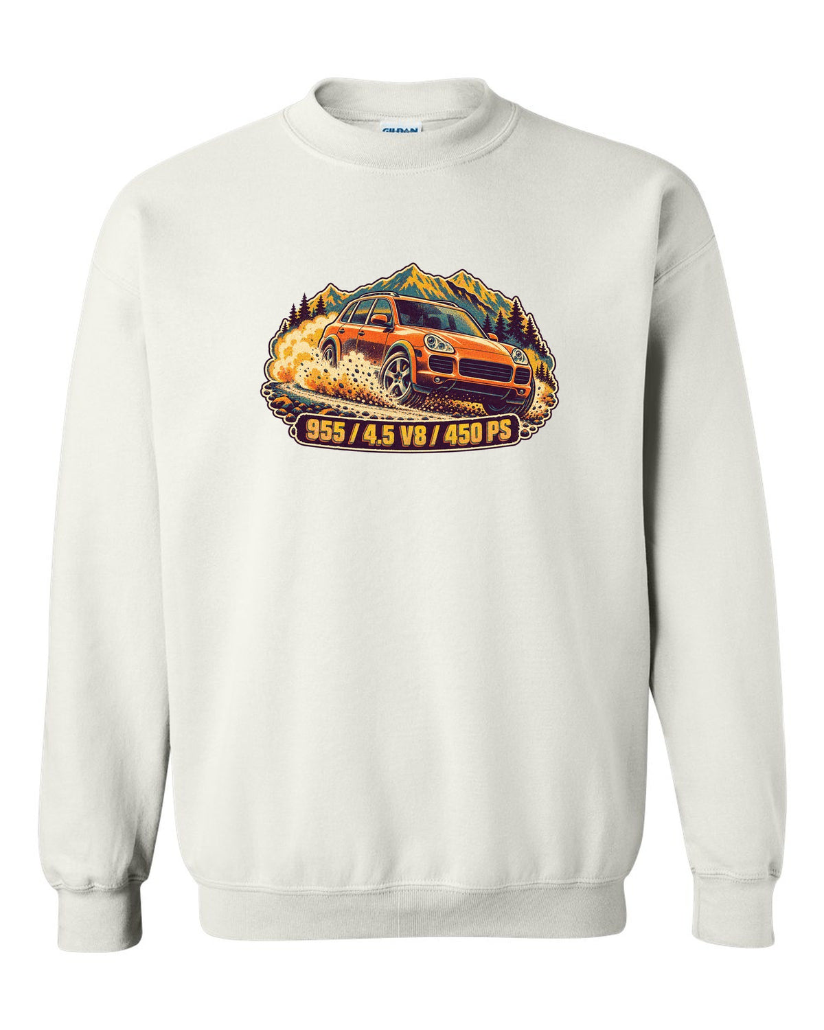 Retro manga halftone print of a Porsche Boxster Spyder 981 taillight with the text 981, 3.8 and 375 PS white crewneck front view with the design