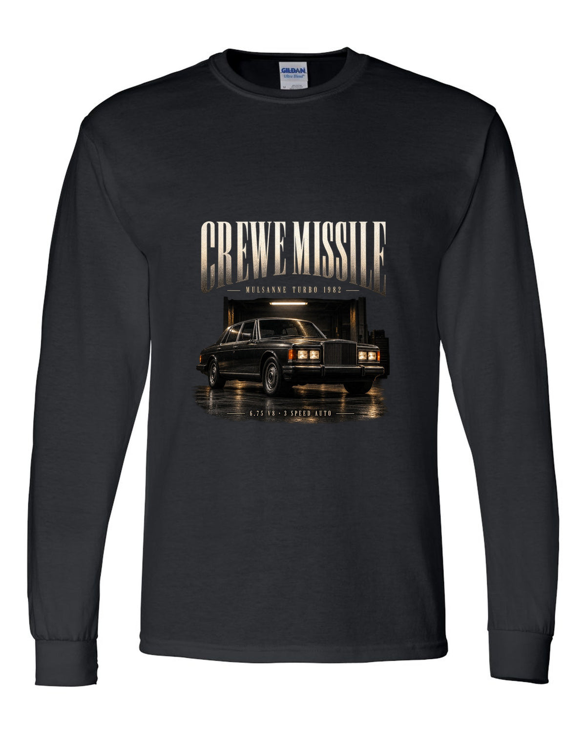 Bentley Mulsanne Turbo 1982 in a garage at night black long sleeve front view with the design