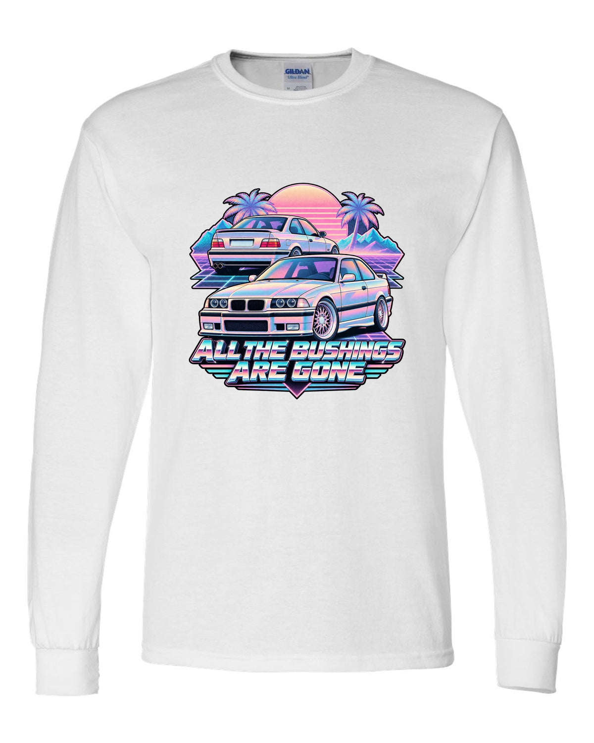 Vaporwave print of a BMW E36 M3 taillight with all the bushings are gone text white long sleeve front view with the design