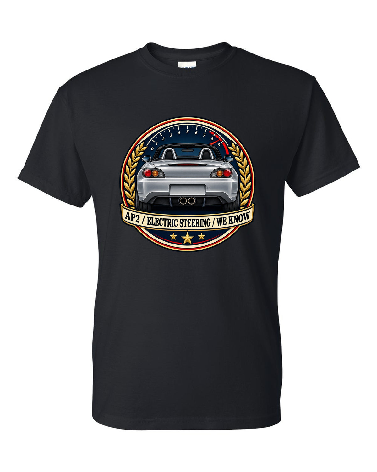 Crest layout print for the Honda S2000 AP2 with electric steering joke text black t-shirt front view with the design