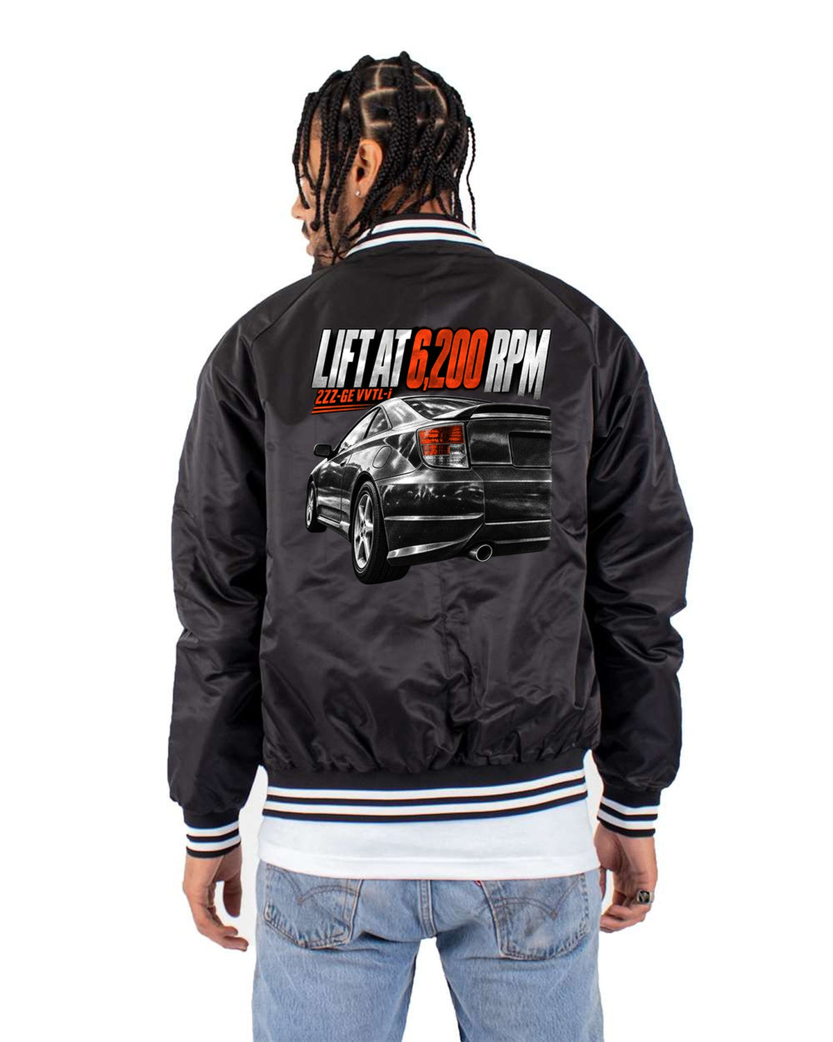 Lift at 6,200 RPM Tee for the Toyota Celica T230 2ZZ-GE Bomber Jacket Black back