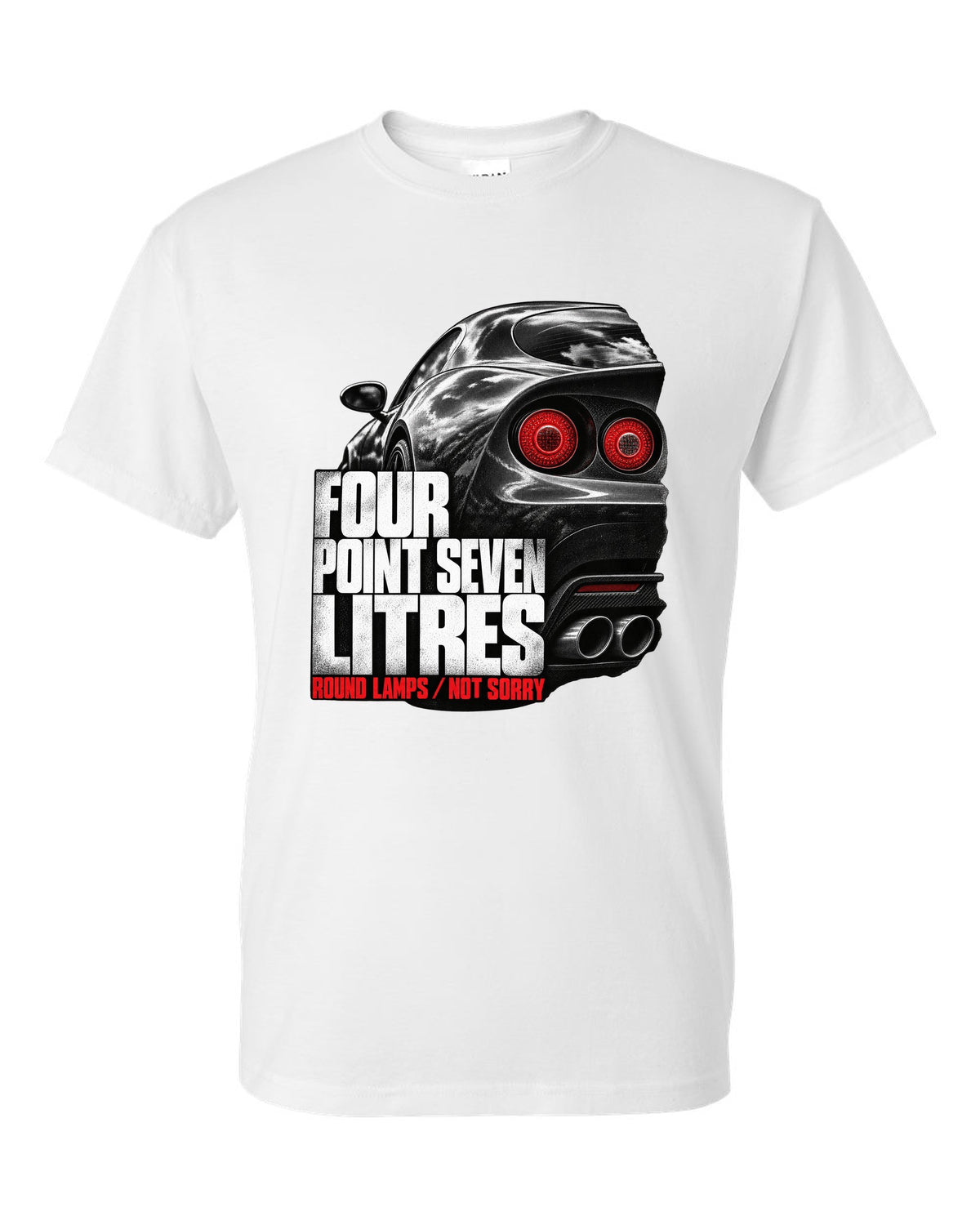 Tail lamp macro print of an Alfa Romeo 8C Competizione with four point seven litres text white t-shirt front view with the design
