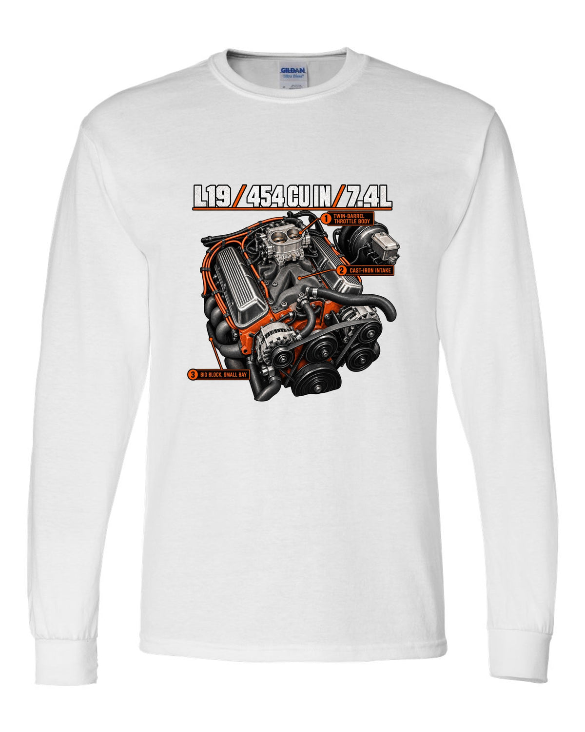 Chevy 454 SS L19 big-block engine diagram print white long sleeve front view with the design