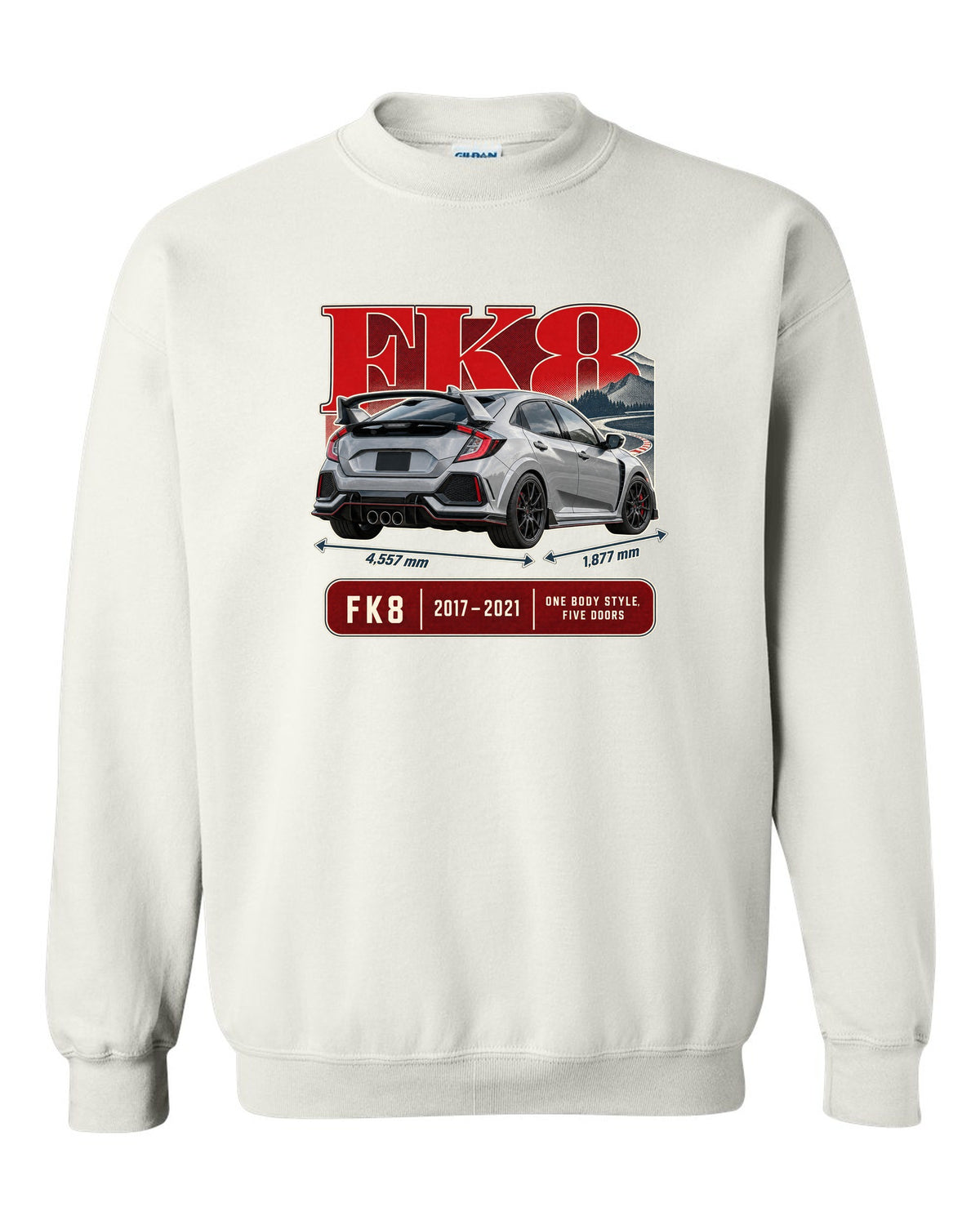 print archive panel of a silver-grey Honda Civic Type R FK8 white crewneck front view with the design