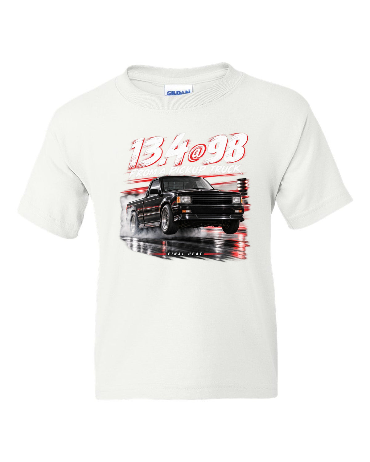 1991 GMC Syclone quarter mile race poster print white kids tee front view with the design