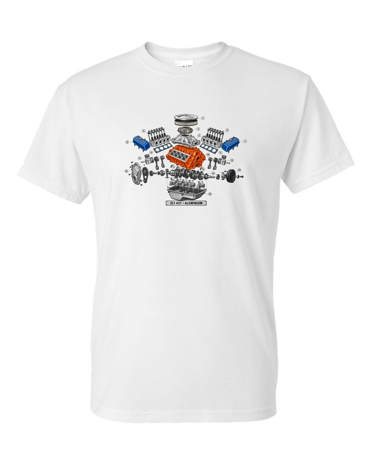 Isometric exploded diagram with numbered callouts of the 1969 Chevrolet Camaro ZL1 427 aluminum engine white t-shirt front view with the design