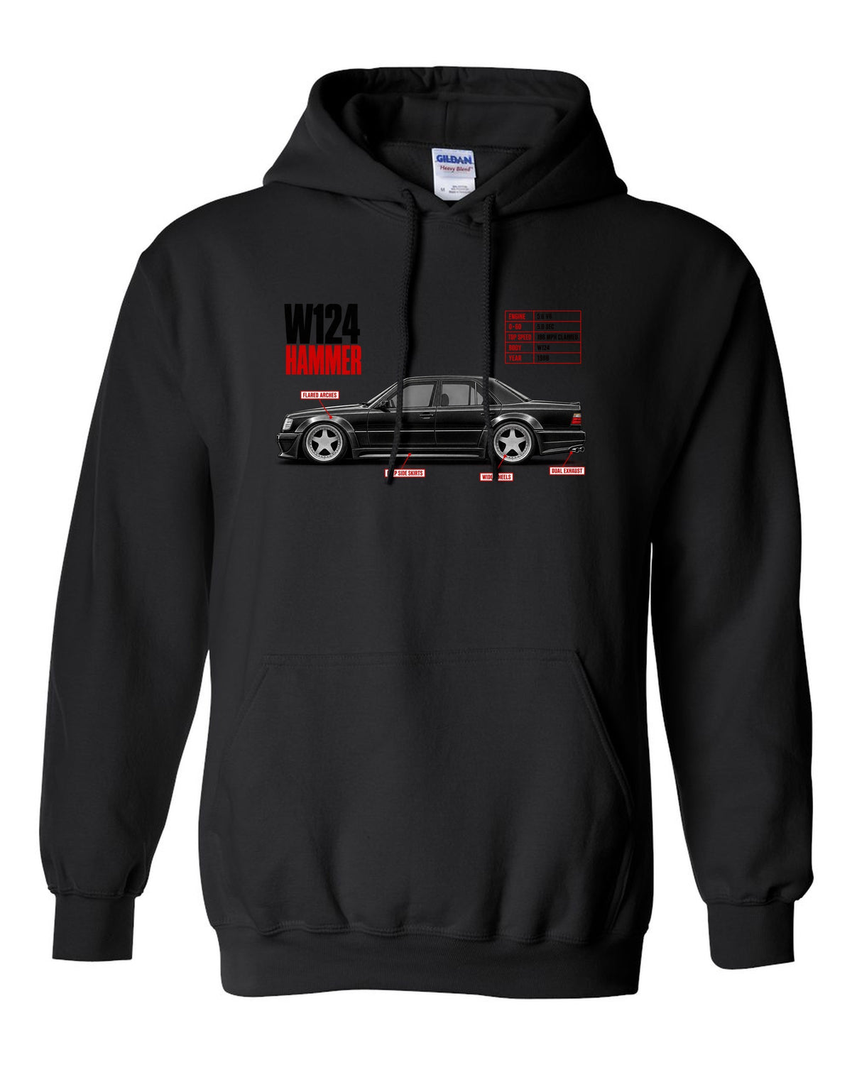 print spec poster of a Mercedes W124 Hammer with text 0-60 5.0 sec, 5.6 V8, 1988 black pull over hoodie front view with the design