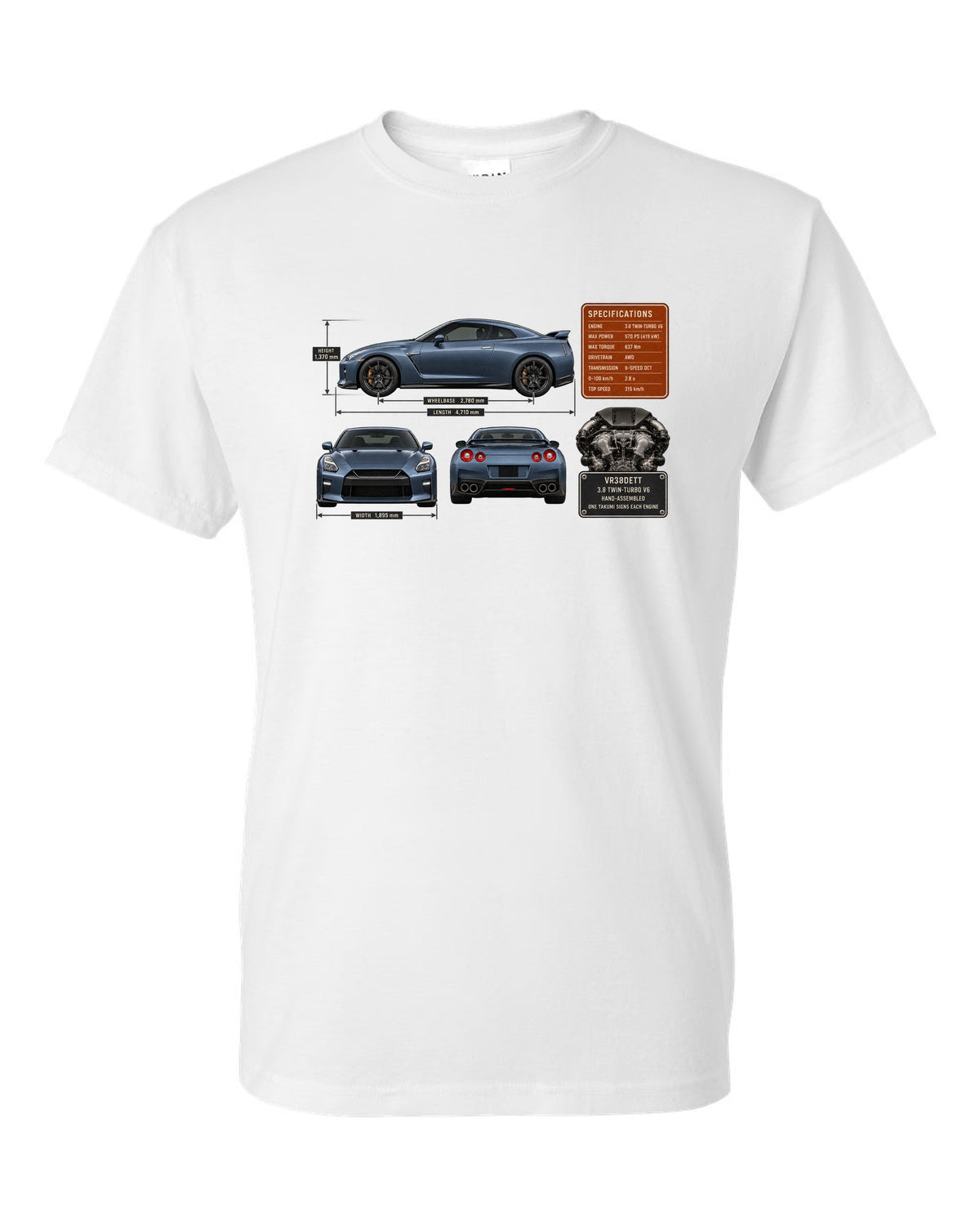 print dimension blueprint of a Nissan GT-R R35 in steel blue white t-shirt front view with the design
