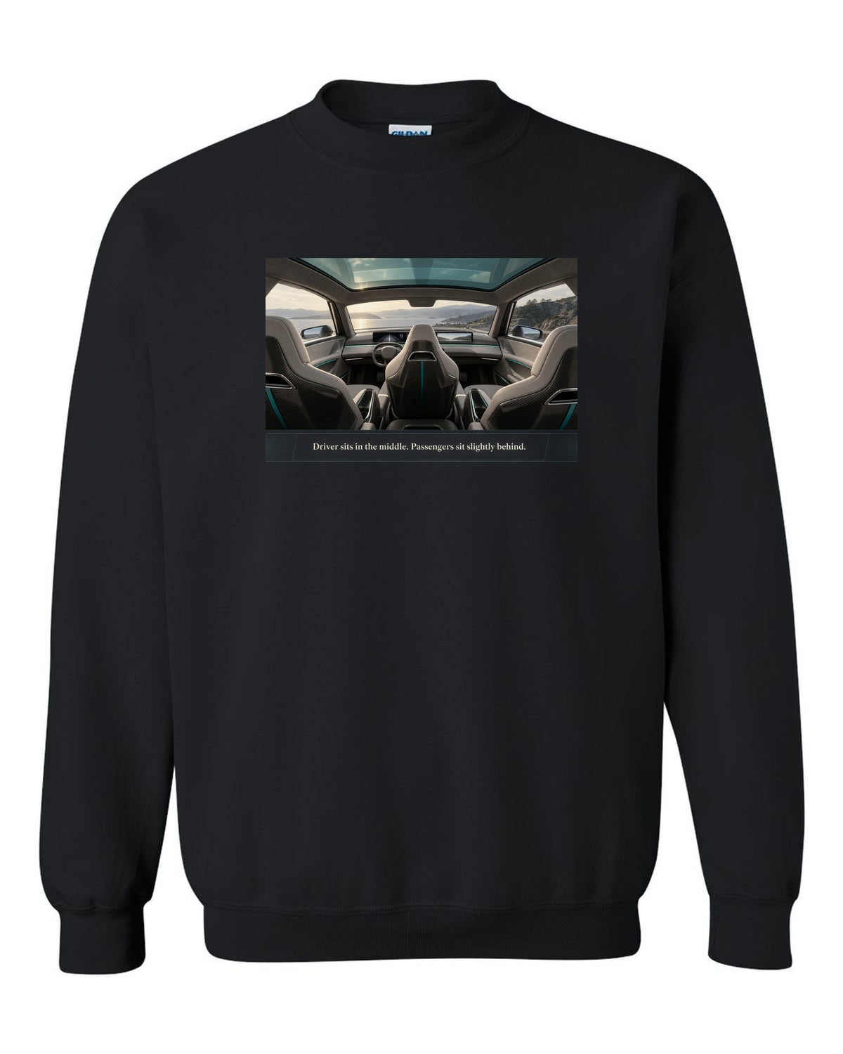 Cockpit print of a McLaren Speedtail interior with a centre driving seat black crewneck front view with the design