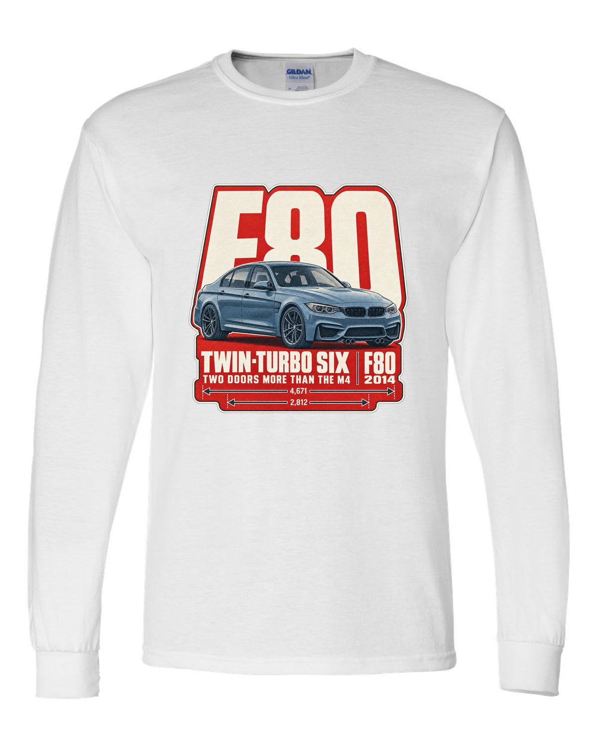 BMW M3 F80 halftone dot statement print white long sleeve front view with the design