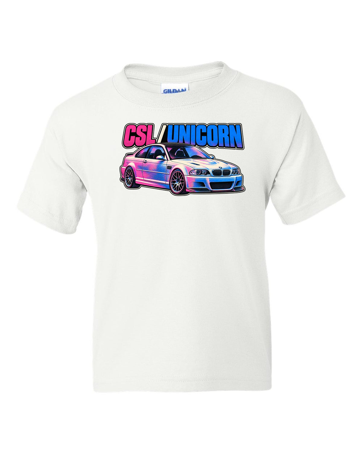 Risograph spot colour print of a BMW E46 M3 CSL with CSL Unicorn text white kids tee front view with the design