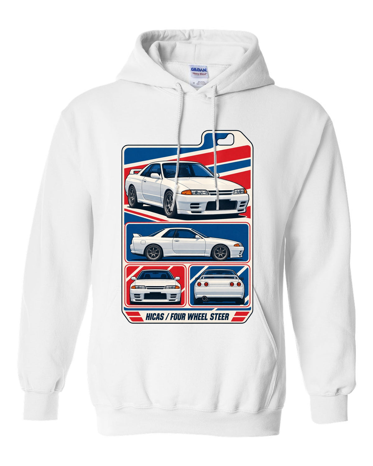 Varsity shield crest print for the Nissan Skyline GT-R R34 reading Allegedly 280 PS, Sure white pull over hoodie front view with the design