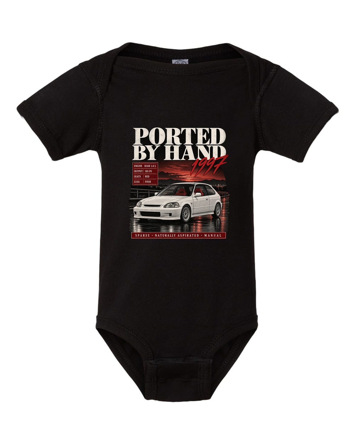 Archive panel print of a 1997 Honda Civic EK9 chback with hand-ported text black baby onesie front view with the design