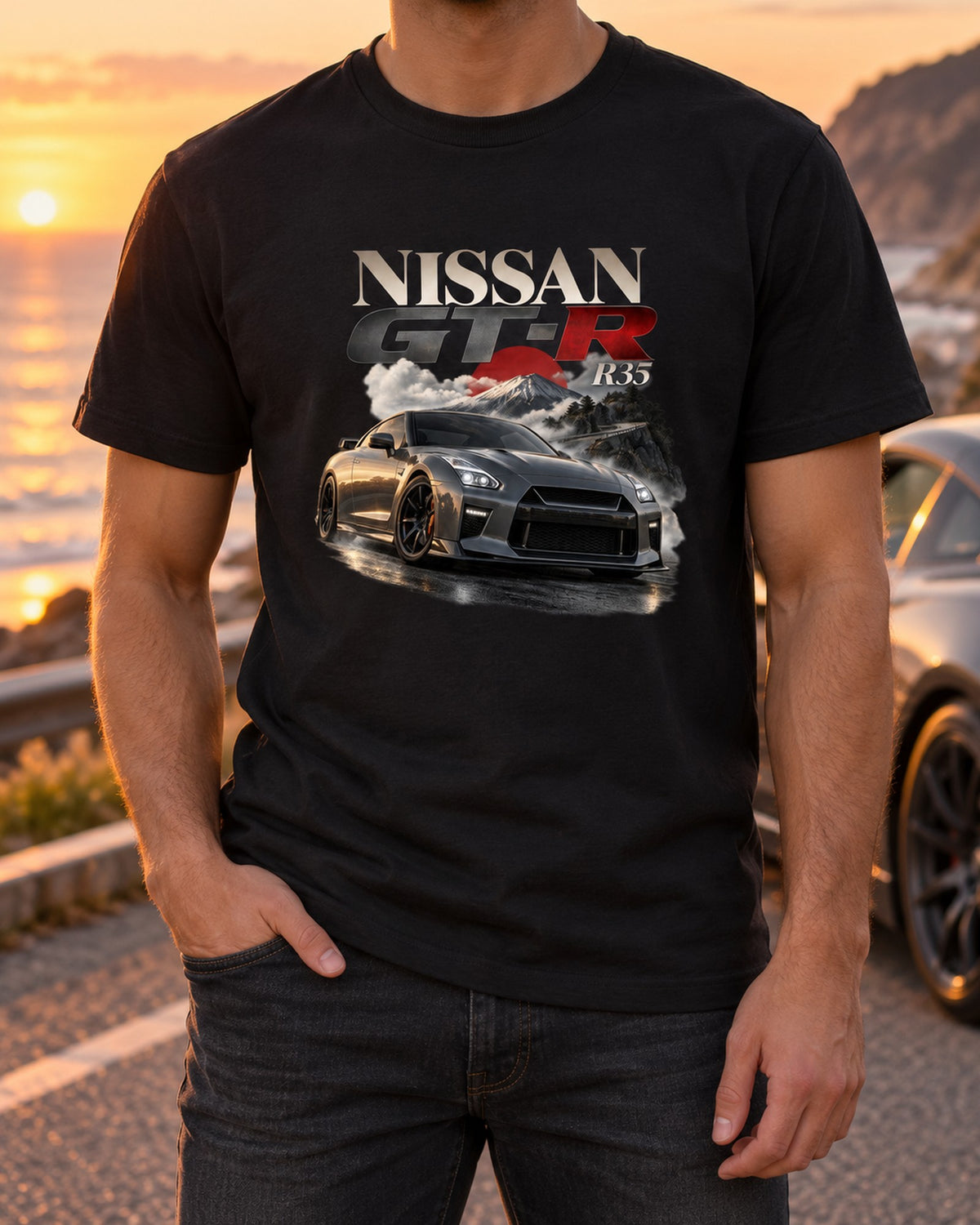 Nissan GT-R R35 2017 Facelift Spec Poster Tee, Blue print T-Shirt Black worn hero