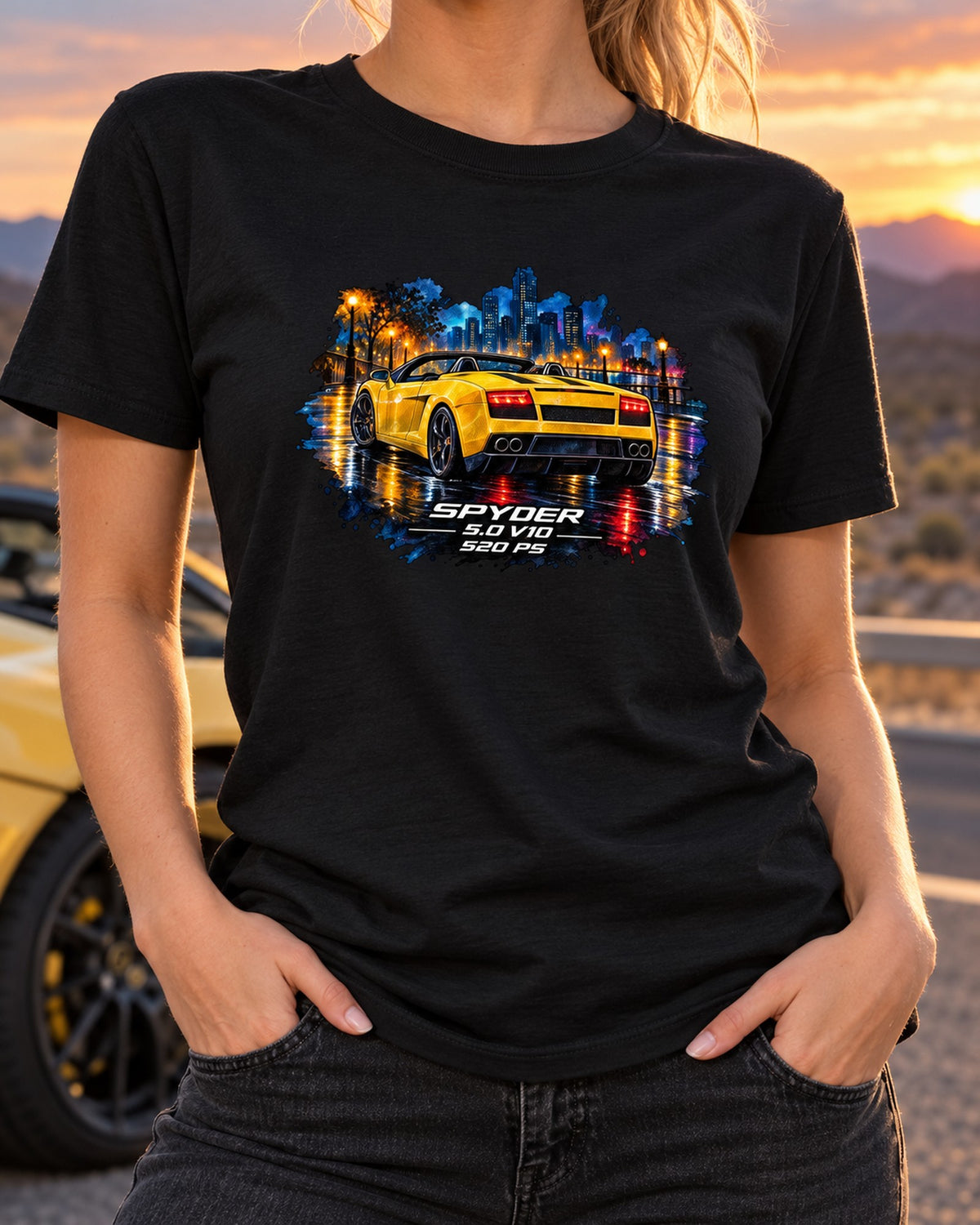 Gallardo Spyder Wet Night Watercolour Tee, V10 Car Shirt T-Shirt Black worn hero