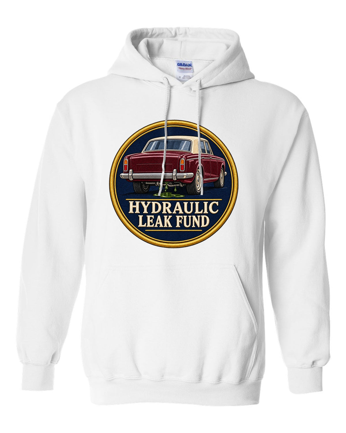 Art Deco line drawing print of a 1952 Bentley R-Type Continental with leak fund lettering white pull over hoodie front view with the design