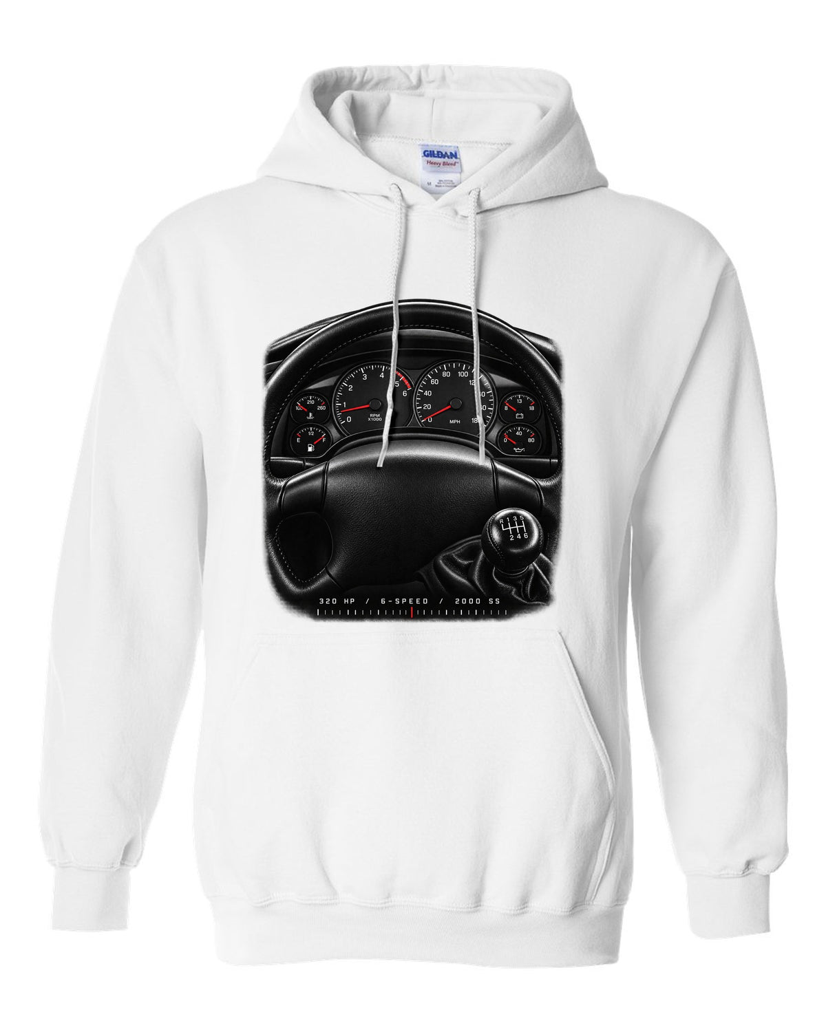 Gauge cluster print of a 2000 fourth-gen Chevrolet Camaro SS with 320 hp and 6-speed text white pull over hoodie front view with the design