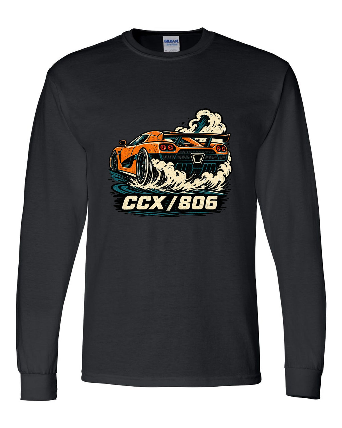 Linocut style illustration of a Koenigsegg CCX doing a burnout with CCX 806 lettering black long sleeve front view with the design