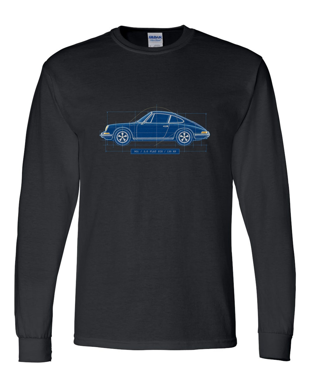 Porsche 911 901 1964 Cyanotype Blueprint Profile black long sleeve front view with the design