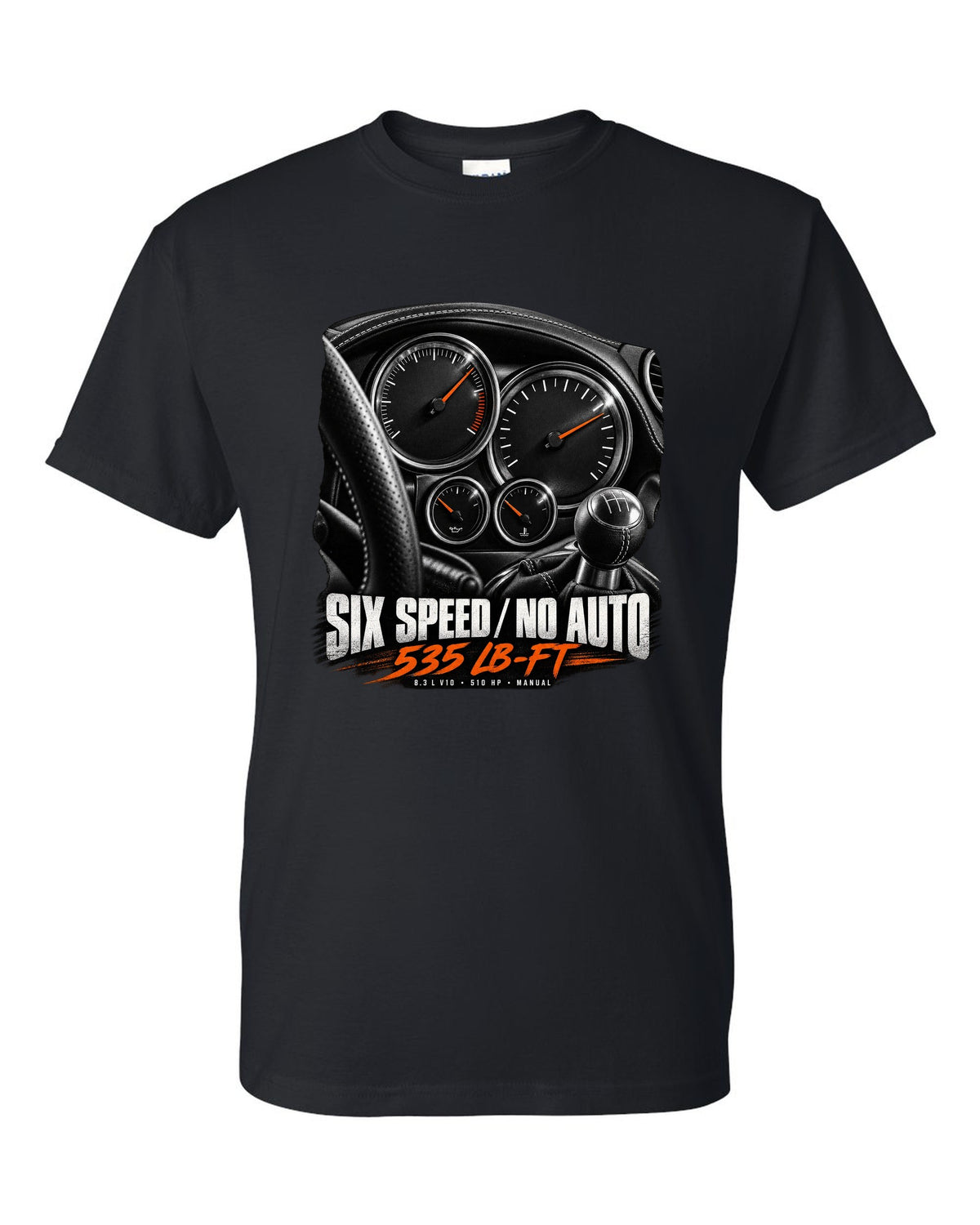 2006 Dodge Viper SRT-10 ZB I instrument gauge cluster print with six speed lettering black t-shirt front view with the design