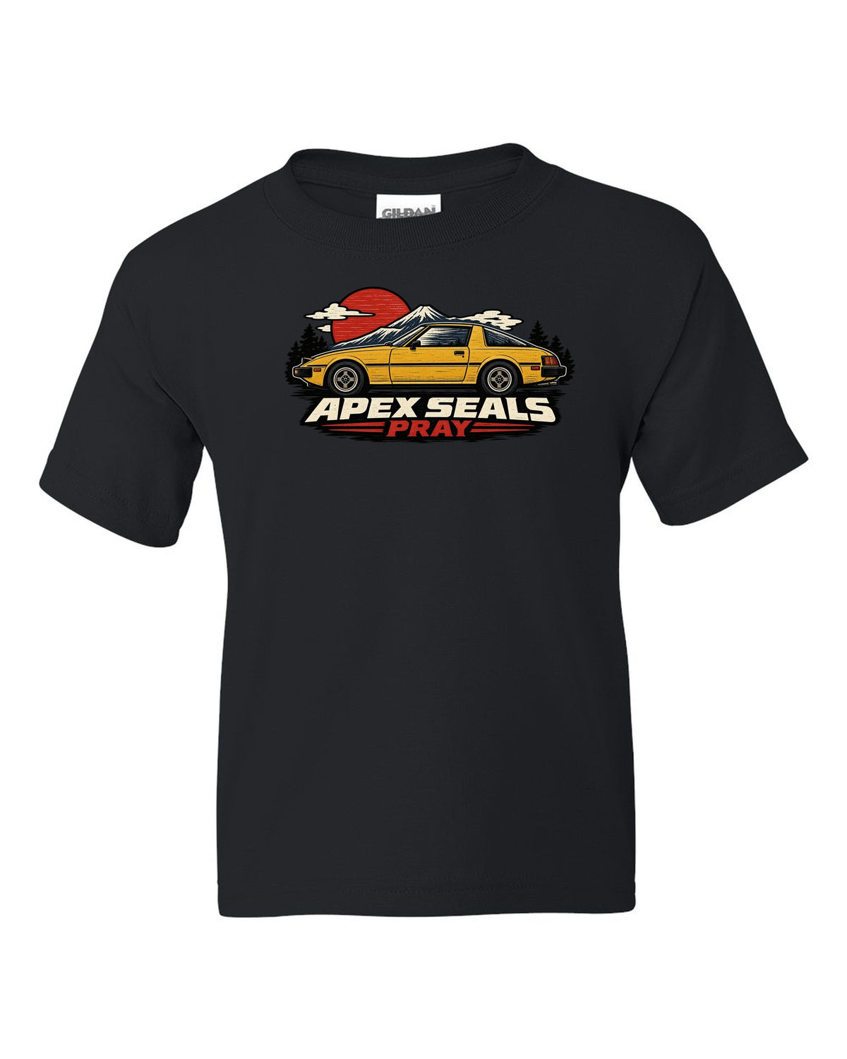 Mazda RX-7 SA22C Linocut Side Profile black kids tee front view with the design