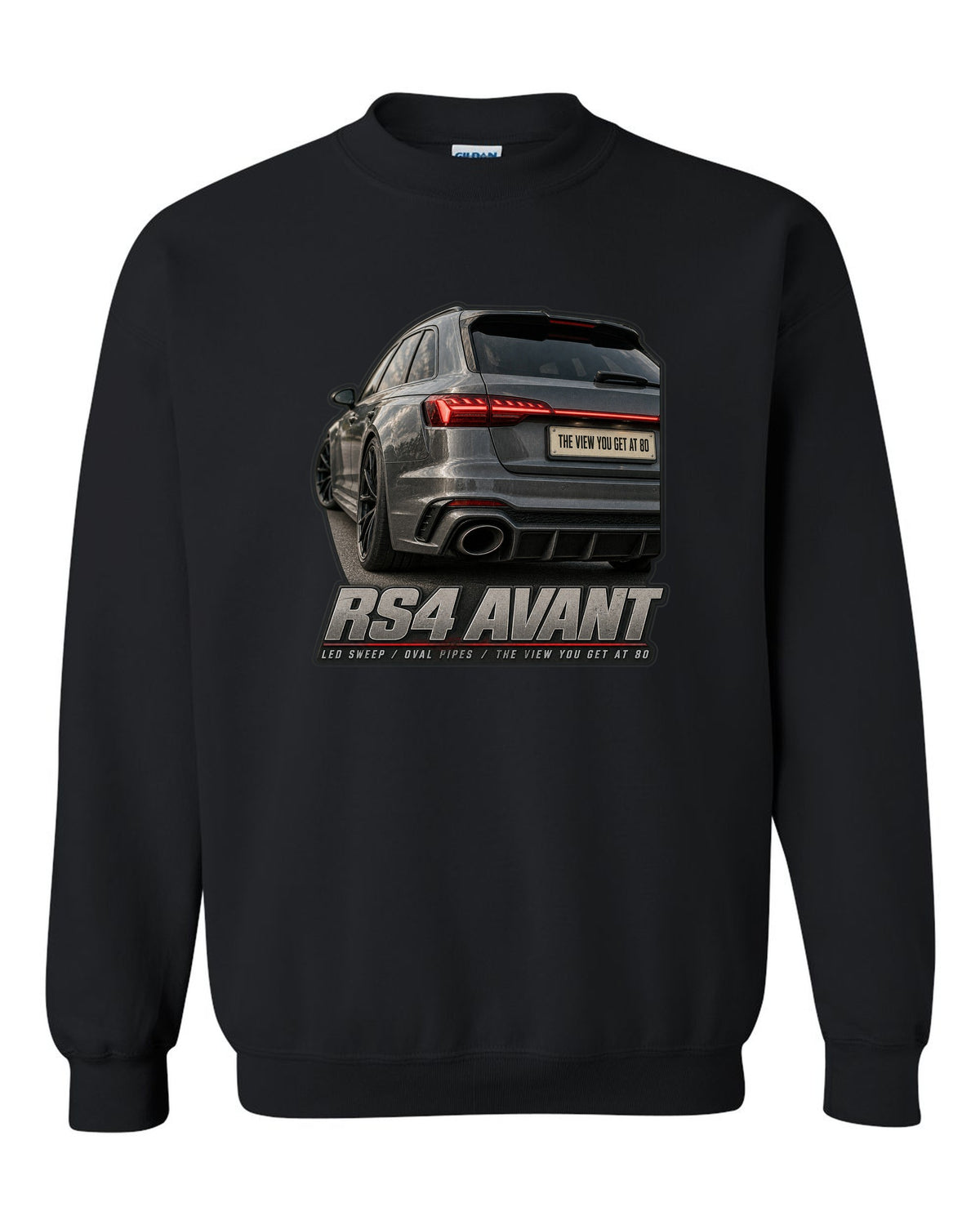 Audi RS4 Avant B9 rear taillight macro with LED sweep and oval pipes print black crewneck front view with the design