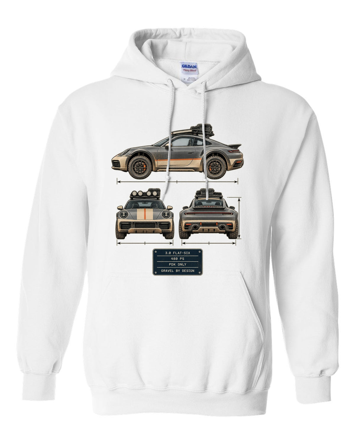 Three-view and spec table print of a Porsche 911 Dakar 992 white pull over hoodie front view with the design