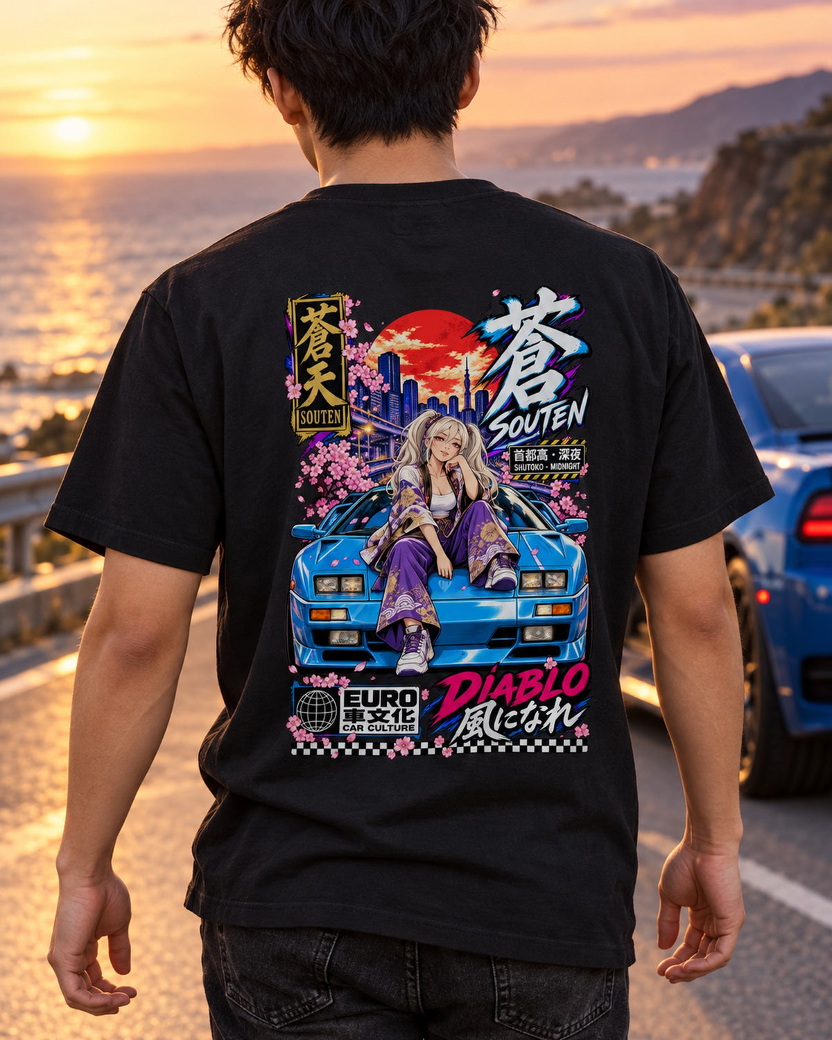 SOUTEN DIABLO Anime Girl Full-Back Graphic Tee T-Shirt Black worn hero