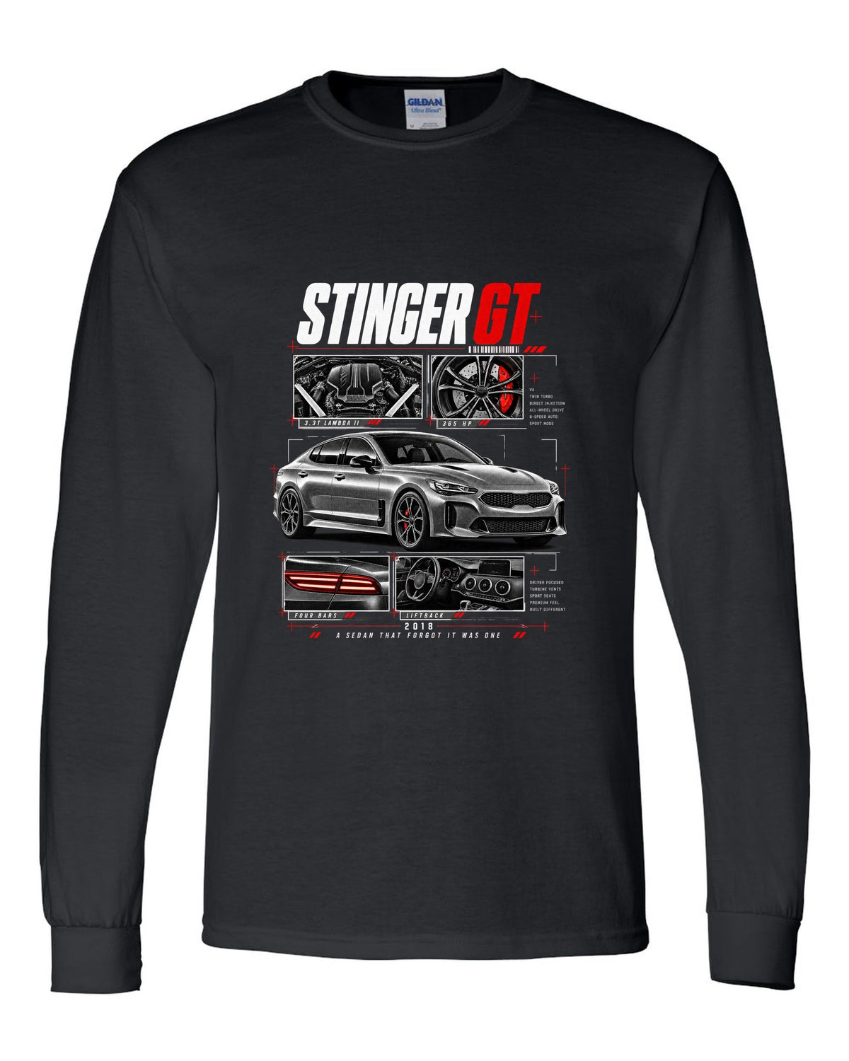 Kia Stinger GT dossier panels with 3.3T engine and liftback details black long sleeve front view with the design