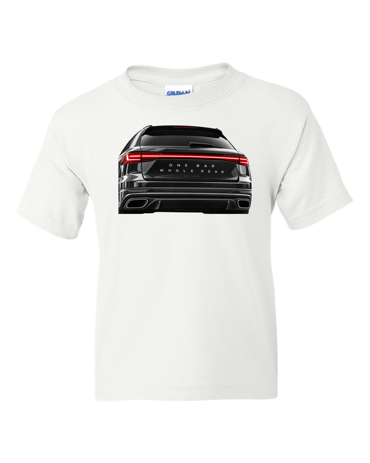 Taillight macro print of the Audi RS6 Avant C8 rear light bar white kids tee front view with the design