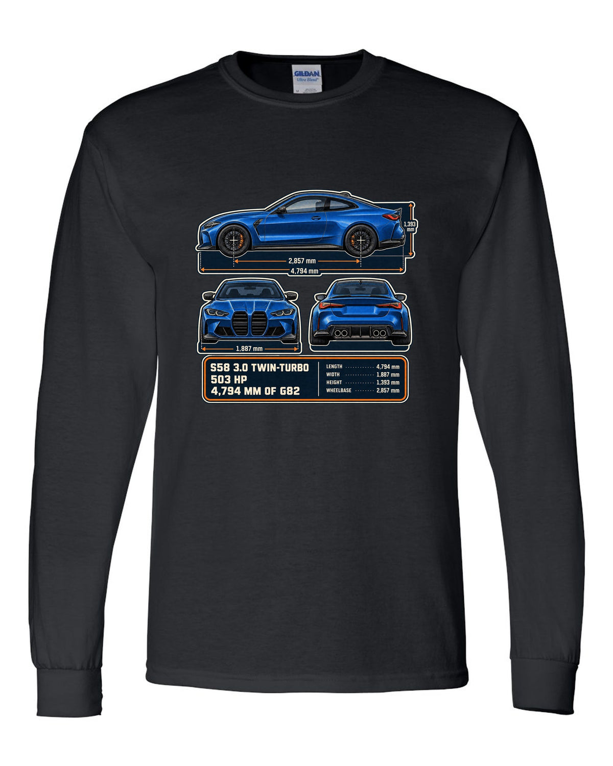 BMW M4 Competition G82 dimension blueprint print with S58 specs black long sleeve front view with the design