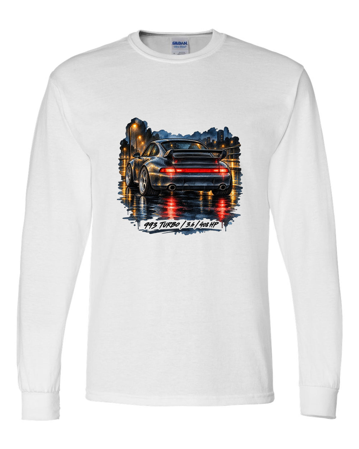 Spec sheet data plate design for the 1978 Porsche 911 Turbo 3.3 930 white long sleeve front view with the design