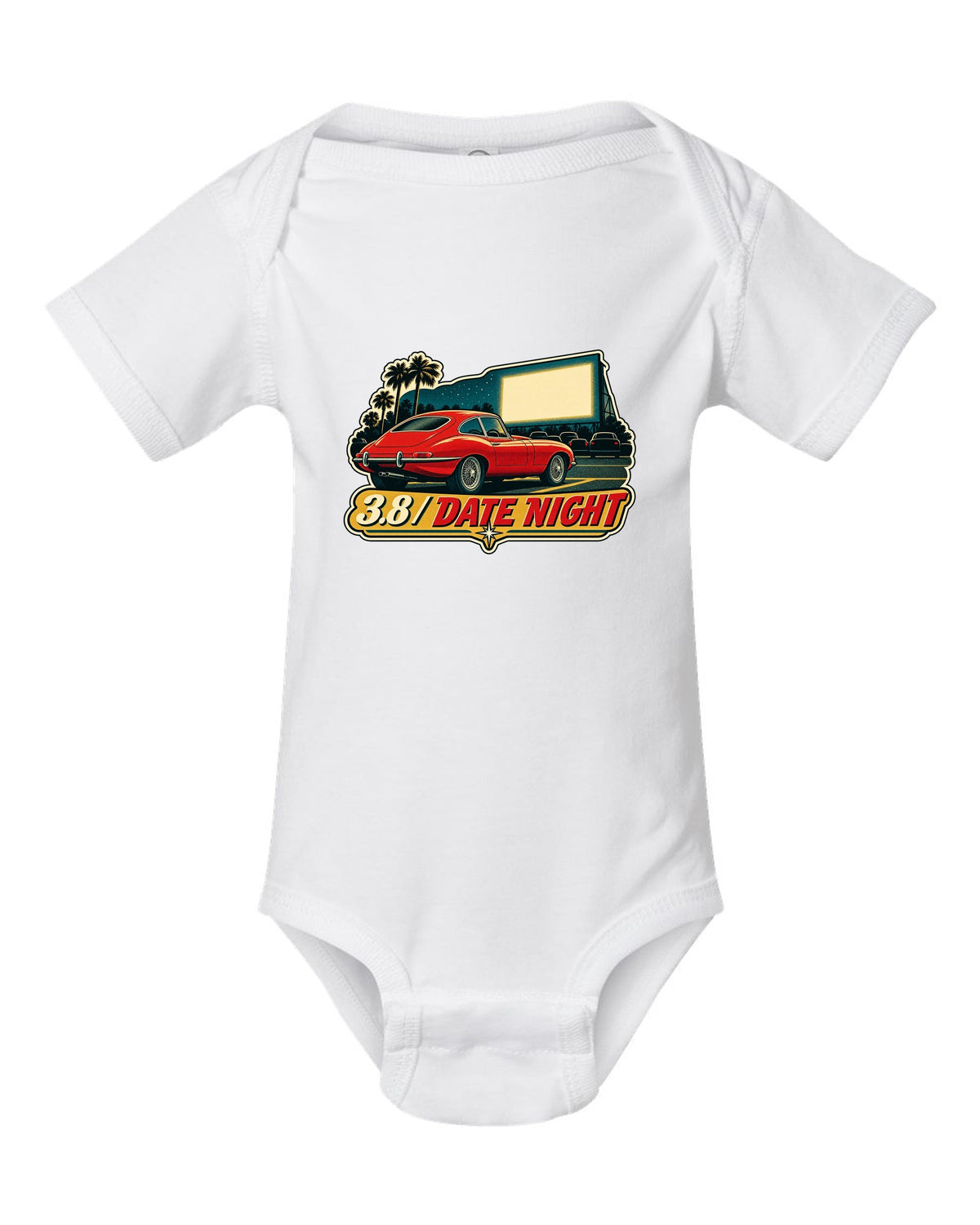 Jaguar E-Type Series 1 vintage race poster with 3.8 DATE NIGHT lettering white baby onesie front view with the design