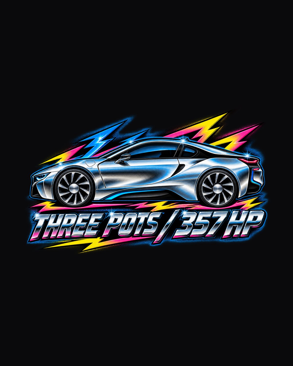 BMW i8 I12 Chrome Airbrush Tee, Three Pots 357 HP design only