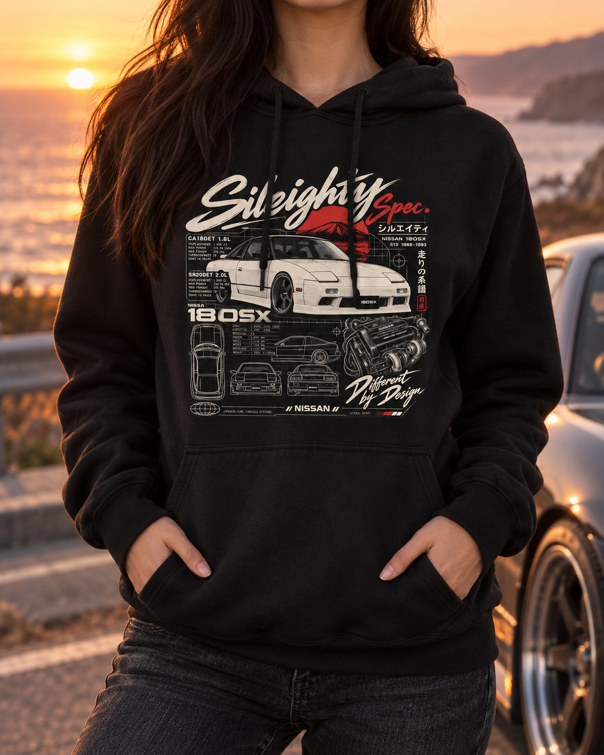 Nissan 180SX Sileighty CA18DET SR20DET Spec Plate Shirt Pull Over Hoodie Black worn hero
