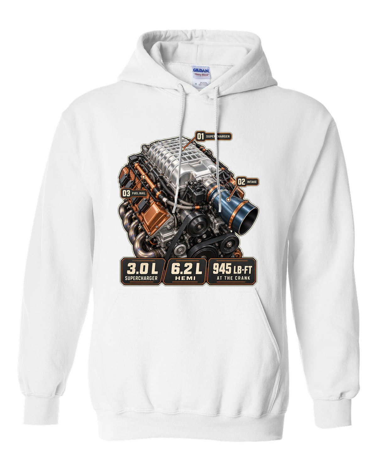 Dodge Challenger SRT Demon 170 supercharged Hemi engine hero print white pull over hoodie front view with the design