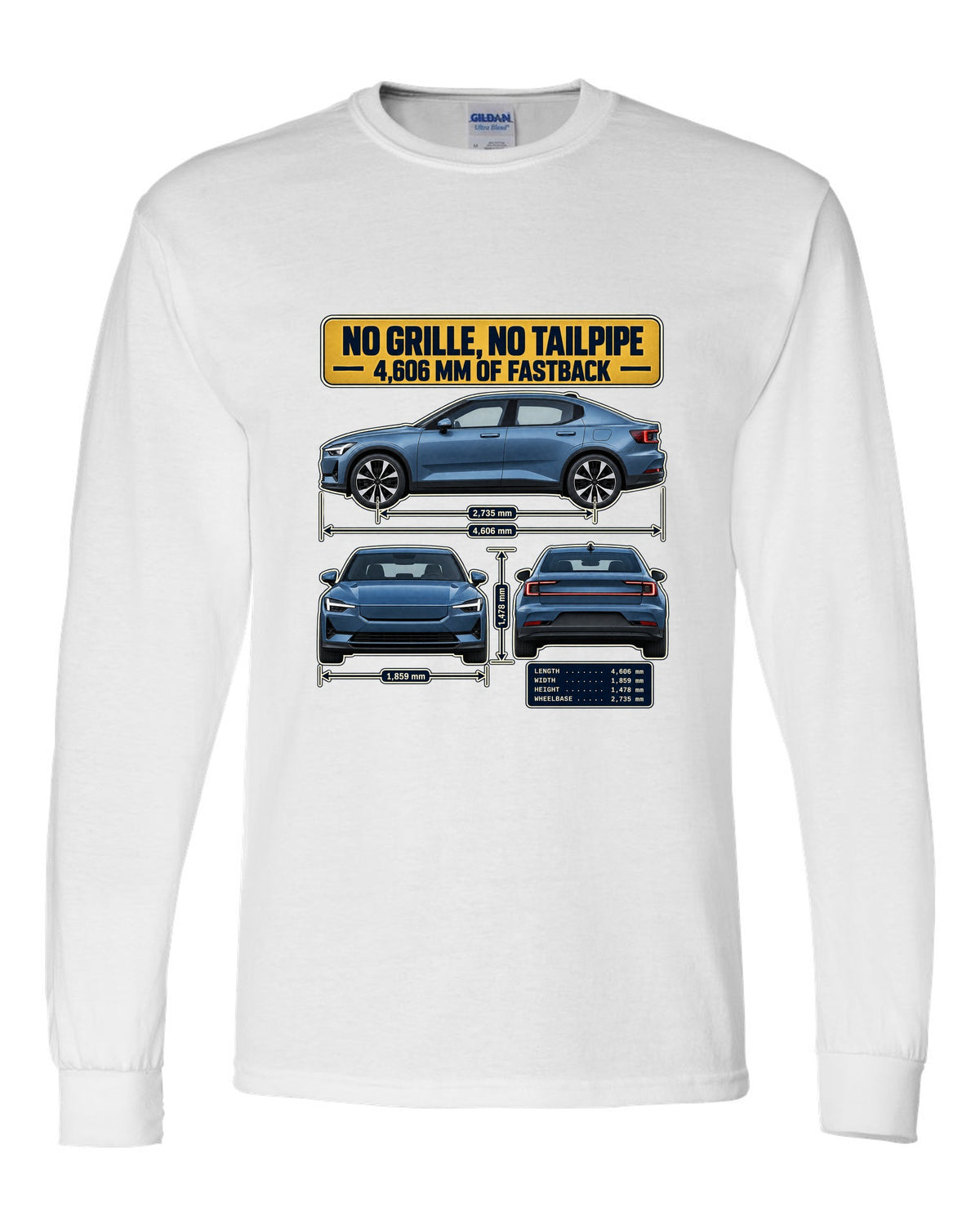 Three-view spec table print of a Polestar 2 fastback 2020-2023 white long sleeve front view with the design