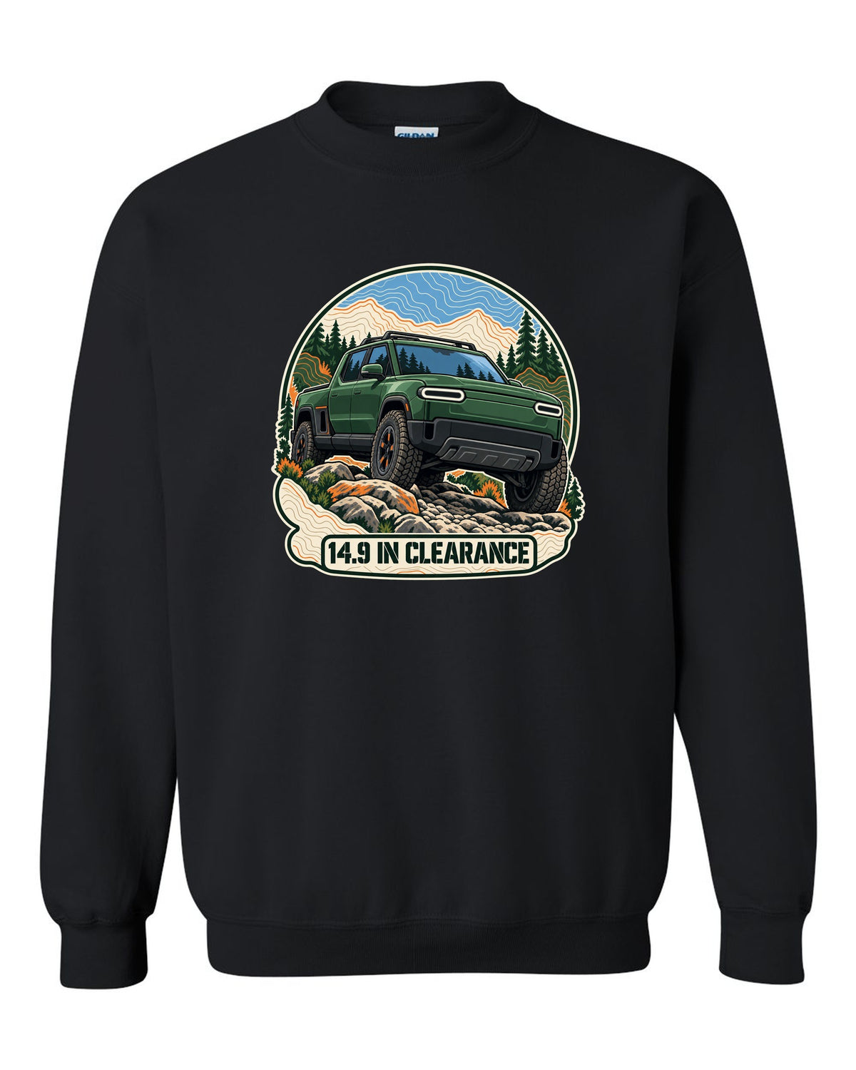 Topographic contour map illustration print of a Rivian R1T reading 14.9 In Clearance black crewneck front view with the design