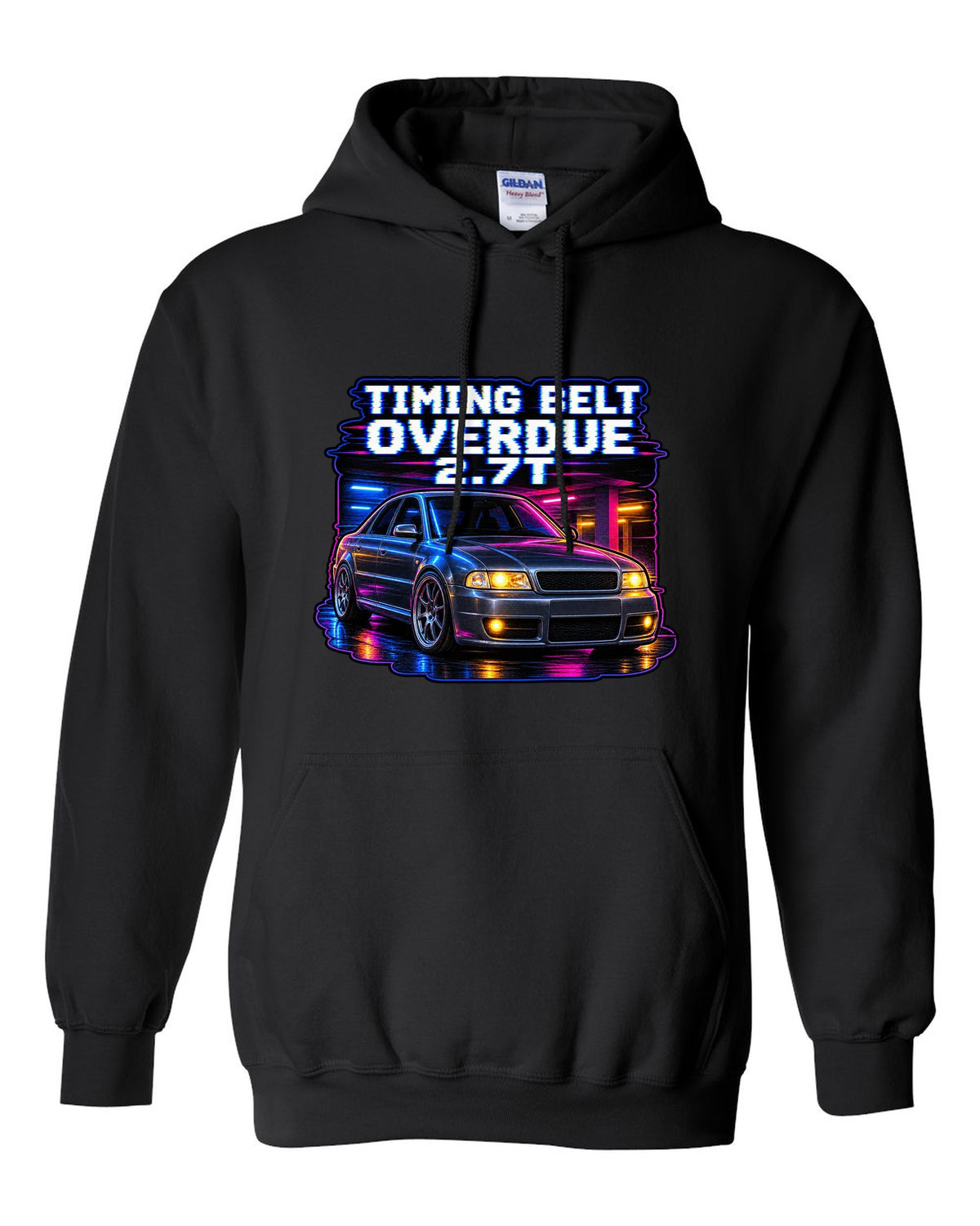 VHS lo-fi print of an Audi S4 B5 with Timing Belt Overdue and 2.7T text black pull over hoodie front view with the design