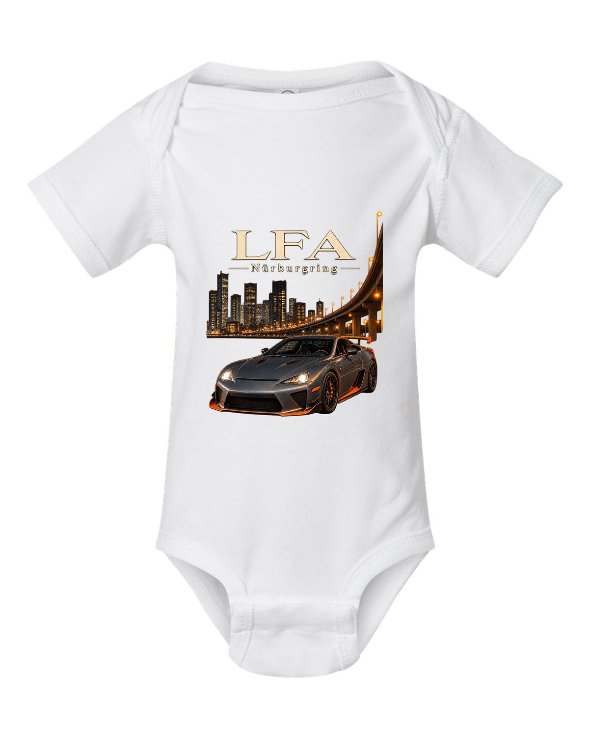 Digital cockpit and gauge view of the Lexus LFA white baby onesie front view with the design