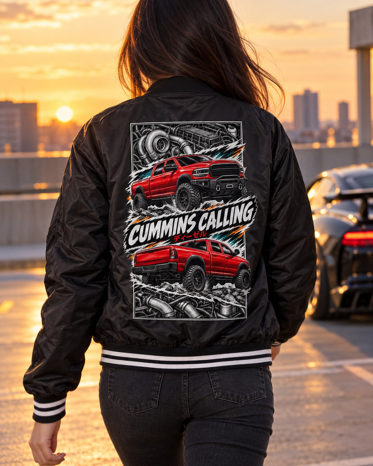 RAM Cummins Torn Poster Full-Back Graphic Tee Bomber Jacket Black worn hero